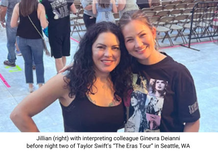 Jillian Deaton and interpreting colleague Ginevra Deianni before night two of Taylor Swift’s “The Eras Tour” in Seattle, WA