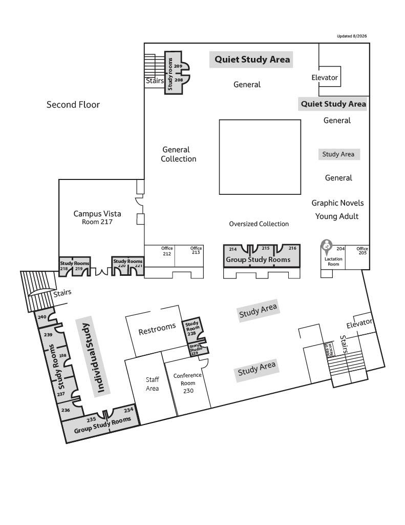 Floorplan of Phoenix College Fannin Library second floor, showing study rooms, general and special collections, and building exits, elevators, and stairs.