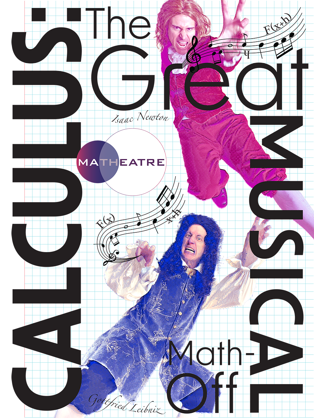 Calculus: The Great Musical Math-Off Matheatre - two men in pink and violet - Isaac Newton and Gottfried Leibniz