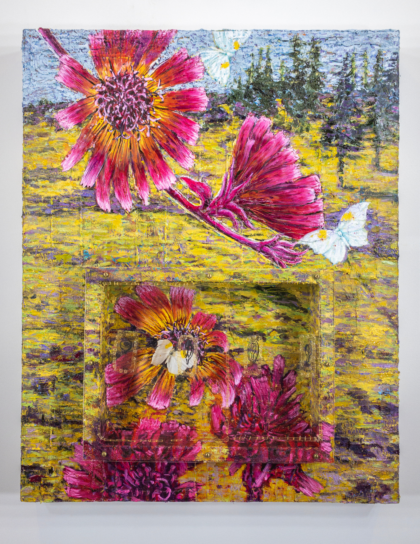 Painting of bright colored flowers with mixed media