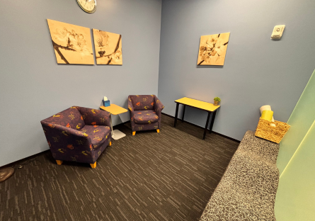 Image of Hannelly Center Lactation Room with light gray walls, brown patterned carpet and two purple upholstered chairs with a side table between then and two art images on the wall above the chairs depicting cherry blossom branches and a clock on the wall above the art