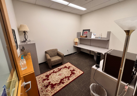 Image of Library Lactation Room interior with floor lamp and microwave sitting on a cabinet near the door, a wood bookself along the left wall with small rug, an upholstered chair along the back wall and a built in desk in the far corner with small lamp