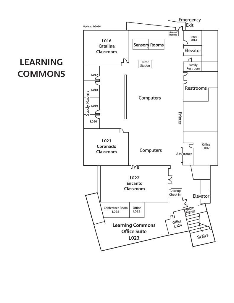 Floorplan of Phoenix College Fannin Library Learning Commons (lower level), showing classrooms, study rooms, computers, and building exits, elevators, and stairs.