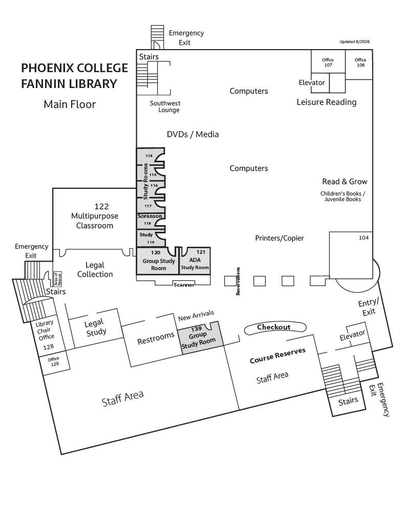 Floorplan of Phoenix College Fannin Library main floor, showing study rooms, collections, staff areas, and building exits, elevators, and stairs.