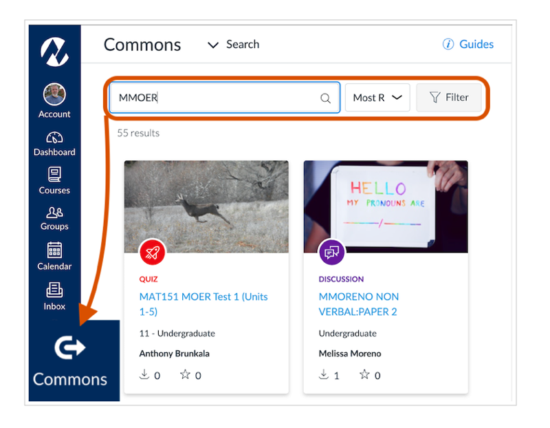 OER course Canvas Commons search with MMOER filter