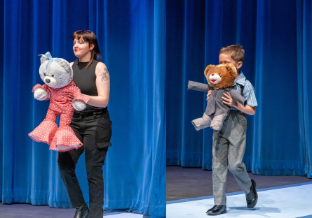 Models at the 2024 Phoenix College Fashion Show carry teddy bears dressed in the designs from a children's pattern making class