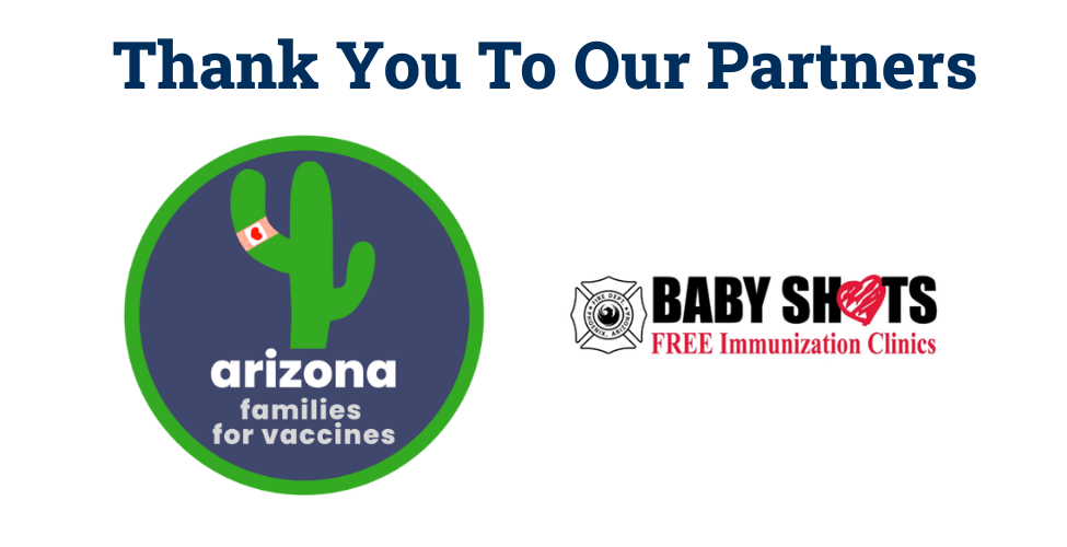 Logos for Phoenix Fire Baby Shots Free Immunization Clinics and Arizona Families for Vaccines