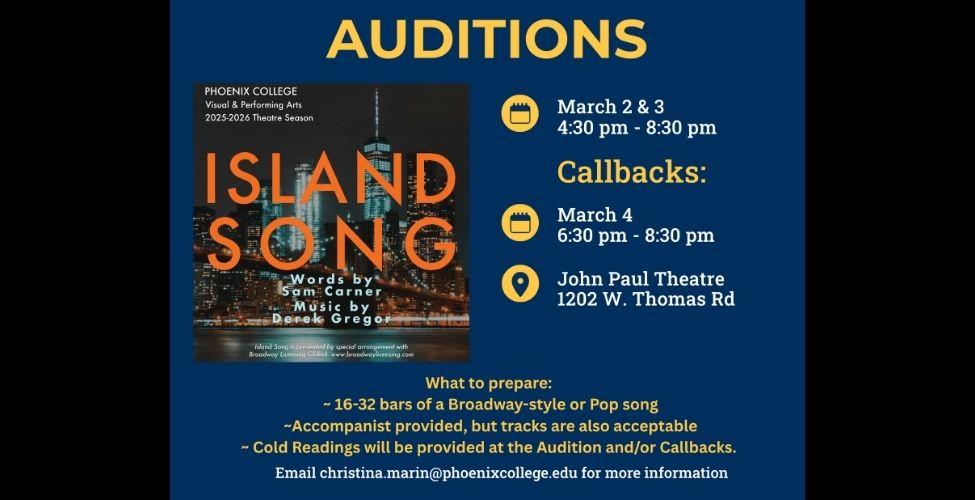 Auditions for PC Theatre's Spring Musical will take place on March 2 and 3, 2026. Callbacks will take place on March 4. 