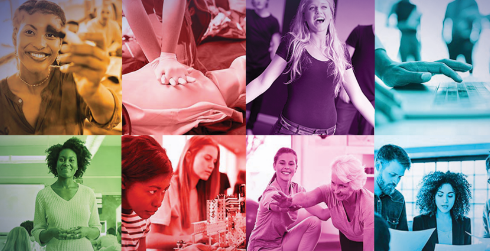 Eight photo blocks depicting the various FOIs - business, behavioral science, computer and info technology, culture and society, education, health sciences, STEM, and Visual and Performing Arts. (Applied Technology not pictured)