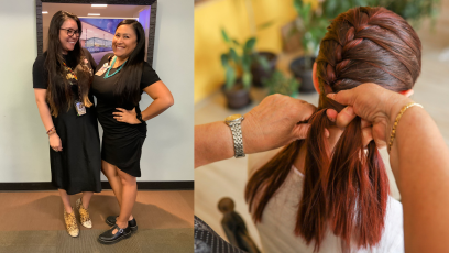Phoenix College staff Stephanie Madison (right) stands with Dual Enrollment Coordinator Seana Mitchell at the Native American Women's panel in November 2023; image of a young woman having her hair braided
