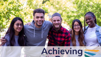 Photo of five PC students arm in arm with the overlay of the "Achieving the Dream" logo