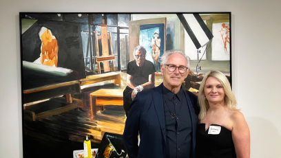 Phoenix College alumnus Eric Fischl stands with Phoenix College President Kimberly Britt at Fischl's solo show "Stories Told" at the Phoenix Art Museum
