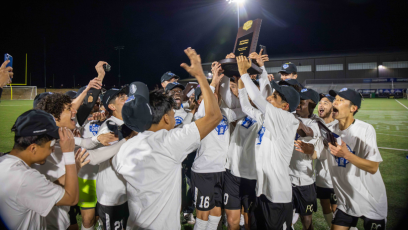 Phoenix College Men's Soccer team celebrates after winning the National championship