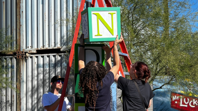 Phoenix College sculpture students install "Block Party," a temporary public art installation on Grand Avenue during the Grand Avenue Festival 