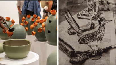Left image: Green ceramic cup bushes hold orange ceramic cups protruding out of the bush like a cacti flower; right image: a black and white charcoal drawing of a road runner with claws on a fallen over electric scooter with a row of upright scooters in the background. 