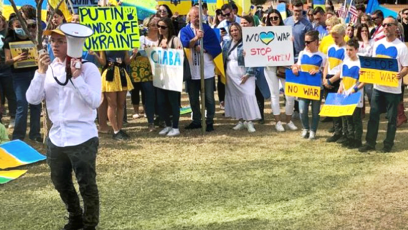 Phoenix College Student Ryan Young speaking at "Stand for Ukraine Rally."  Ukrainian Cultural Center, North Phoenix, Feb. 2022