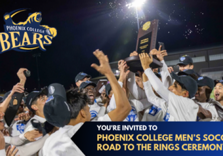 You're Invited to Phoenix College's Men's Soccer Road to the Rings Ceremony - Men's soccer team holding their championship trophy aloft in victory