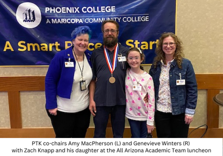 Phoenix College PTK co-advisors Amy MacPherson and Genevieve Winters, with All USA Academic Team member Zach Knapp and his daughter.