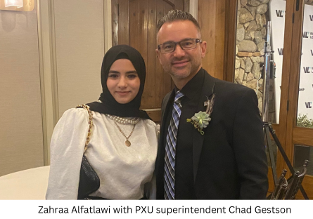 Phoenix College and Central High School student Zahraa Alfatlawi with PXU superintendent Chad Gestson