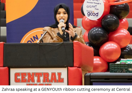 Phoenix College and Central High School student Zahraa Alfatlawi speaking at a GENYOUth ribbon cutting at Central High School 