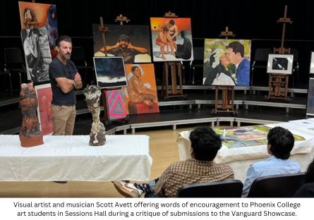 Eric Fischl Series guest artist Scott Avett offering words of encouragement to Phoenix College art students during a critique