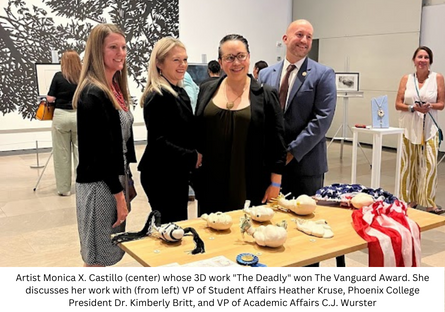 Phoenix College student Monica X. Castillo in front of her 3D artwork "The Deadly" at Phoenix Art Museum with Phoenix College President Dr. Kimberly Britt and VPs Heather Kruse and CJ Wurster
