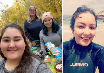 Sarah Nunez camping with her sister and aunt (L) and surfing (R)