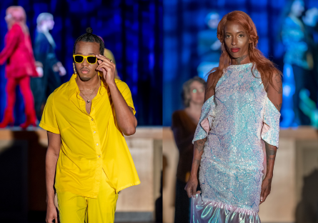 A man dressed in all yellow and a woman in a sparkly off the shoulder dress walk the runway of the Phoenix College Fashion Show, Vie d'Ours Chique