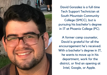 David Gonzalez is a Tech Support Technician at South Mountain Community College, but pursing a bachelor's degree in IT to move up to a higher position or be considered for positions at Intel, Google, or Apple. 