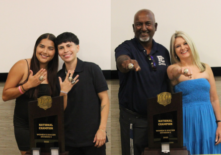 Phoenix College Women's soccer players show off their rings next to head coach Chris Sagar and PC President Kimberly Britt