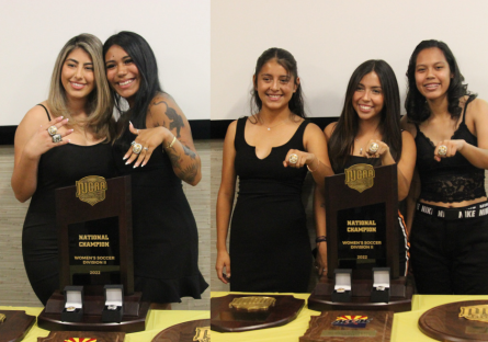 Phoenix College women soccer players show off their 2022 Championship rings