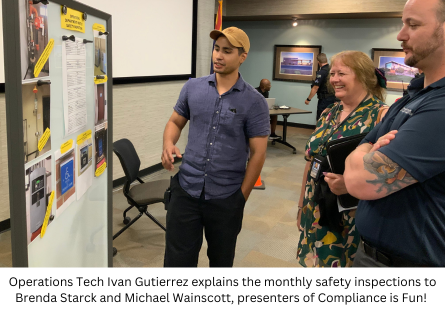 Phoenix College Operations Tech Ivan Gutierrez explains the monthly safety inspections done on campus to Brenda Starck and Michael Wainscott, presenters of the learning session, Compliance is Fun! 