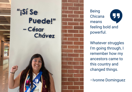 Phoenix College graduate Ivonne Dominguez stands with her fist raised in front of a quote attributed to César Chávez, "Sí se puede."