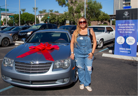 Phoenix College Nursing Student Jacquelina Reyes with her new car courtesy of JC Supercars