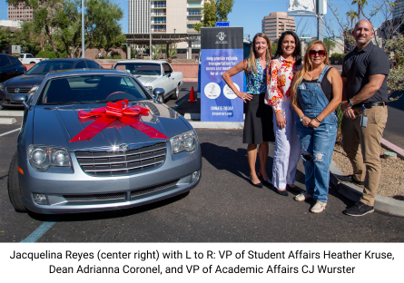 Phoenix College Administrators Heather Kruse, Adrianna Coronel, and CJ Wurster stand with PC student Jacquelina Reyes and her new-to-her car