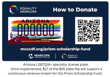The proposed speciality license plate to support Equality Maricopa's PRISM Scholarship Fund