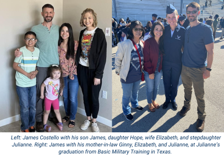 Phoenix College student James Costello, at left, with his family: son James, daughter Hope, wife Elizabeth, and stepdaughter Julianna. At right, he's pictured with his mother-in-law Ginny, wife Elizabeth, and stepdaughter Julianne at Julianne's graduation from Basic Military Training