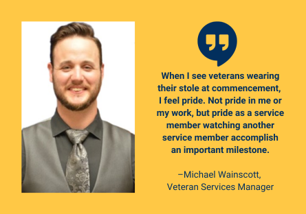 Phoenix College Veteran Services Manager Michael Wainscott describe the pride he feels as one service member watching another service member at graduation accomplishing an important milestone