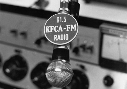 An upclose image of the KFCA-FM 91.5 microphone