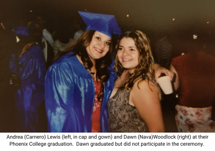 Phoenix College alumni Andrea (Carnero) Lewis and Dawn (Nava) Woodlock at their Phoenix College graduation in 2003.  