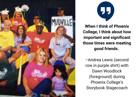 Phoenix College alumni Andrea Lewis and Dawn Woodlock participating in PC's Storybook Stagecoach while college students