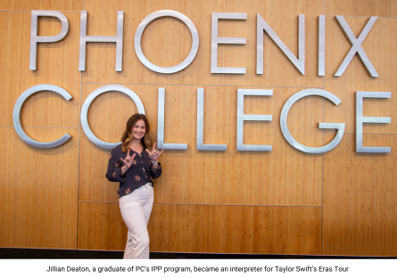 Phoenix College alumna Jillian Deaton, who graduated from the Interpreter Preparation Program, stands in front of a Phoenix College sign