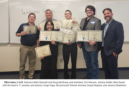 Members and advisors of Phoenix College's Future Business Leaders of American (FBLA) collegiat club hold up the eleven awards won by the team at the Winter Leadership Conference