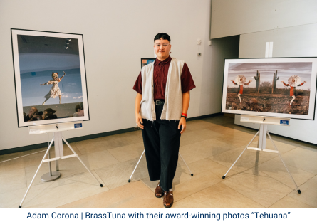 Phoenix College student Adam Corona | BrassTuna is flanked by two of his photographs during an exhibition at the Phoenix Art Museum