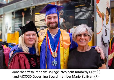 May 2025 Phoenix College graduate and commencement speaker Jonathan Wisman is joined by PC president Kimberley Britt and Governing Board member Marie Sullivan