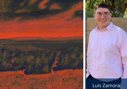 Luis Zamora with his art "Blue and Orange Landscape"