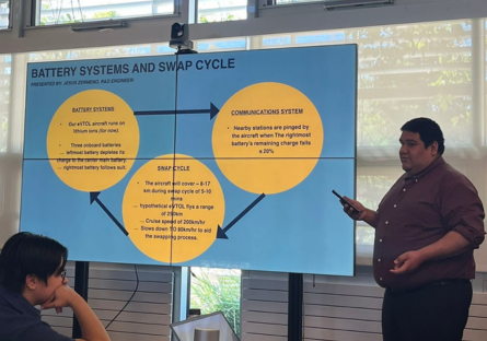 Phoenix College student Jesus Zermeno giving a presentation on in air battery swap stations