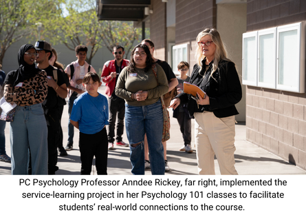 Phoenix College Psychology professor Anndee Rickey on campus with her Psych 101 students and their pen pals in a service learning project she provided her students