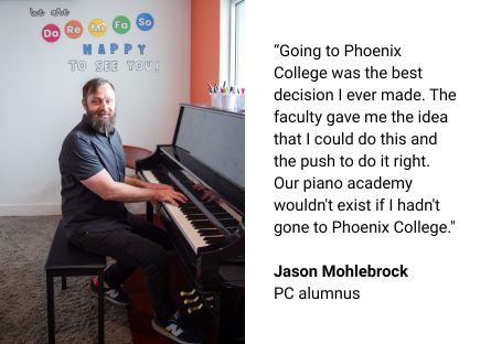 Phoenix College alumnus Jason Mohlenbrock at the piano academy he co-founded with his wife Shawna Craig