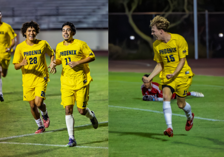 Members of the Phoenix College Men's Soccer team celebrating their recent win 